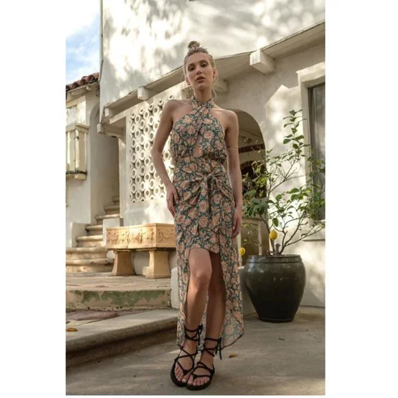 green emerald velvet dress Crisscross Tropical Halter Mini Dress main image 1